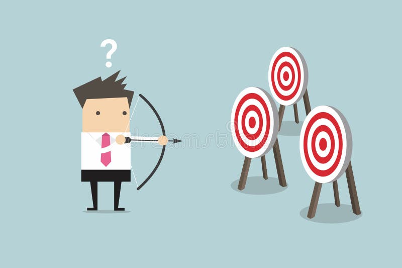 Arco e freccia della tenuta dell'uomo d'affari sconcertanti dall'obiettivo multiplo dell'occhio di tori illustrazione di stock Arco e freccia della tenuta dell'uomo d'affari sconcertanti dall'obiettivo multiplo dell'occhio di tori illustrazione di stock