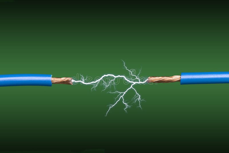 An electrical arc crossing two blue, copper wires on a green and black gradient background. An electrical arc crossing two blue, copper wires on a green and black gradient background.