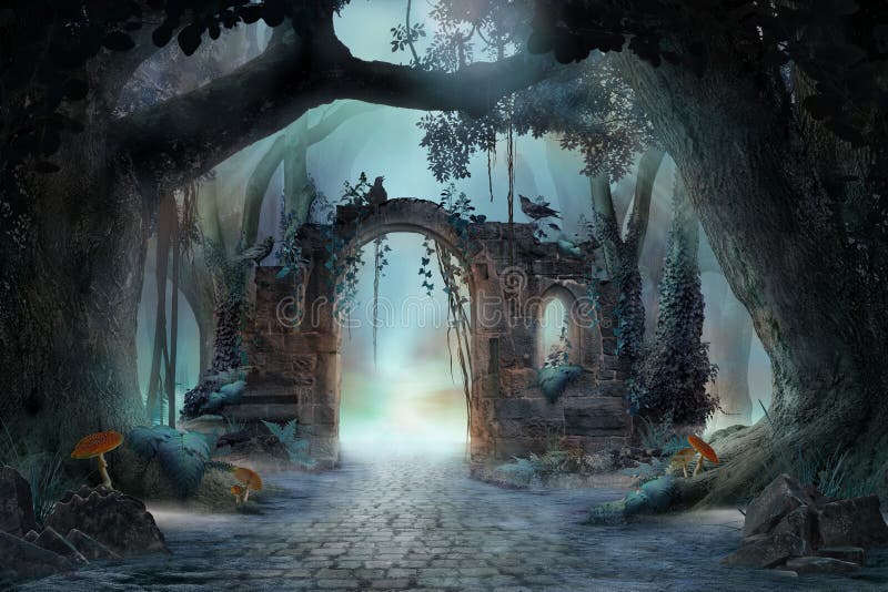 Arco en un paisaje de bosque de hadas encantado, ambiente oscuro y nebuloso