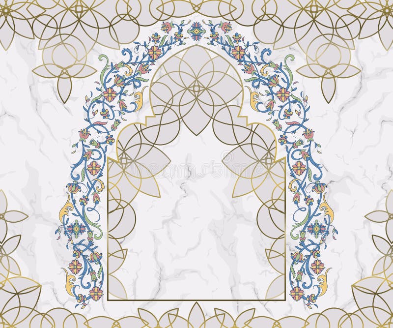 Arco floral árabe Ornamento islámico tradicional en el fondo de mármol blanco Elemento del diseño de la decoración de la mezquita libre illustration Arco floral árabe Ornamento islámico tradicional en el fondo de mármol blanco Elemento del diseño de la decoración de la mezquita libre illustration
