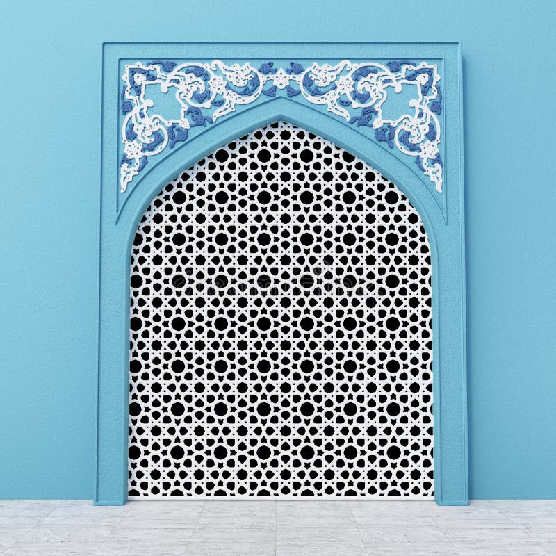 Arco islamico blu con il tradizionale disegno floreale in alto e in arabescato