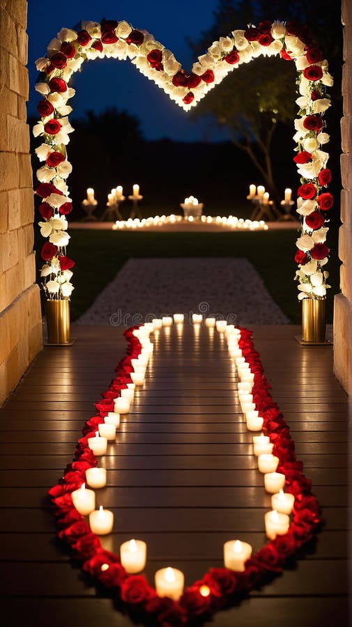 Arco Romantico a Forma di Cuore con Rose e Passaggio Illuminato da Candele royalty illustrazione gratis