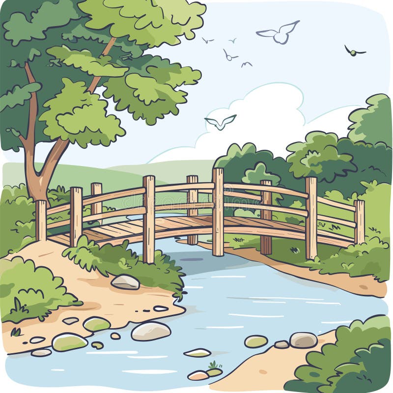 Arcs de pont en bois au-dessus de ruisseaux à courant doux flanqués d'arbres verts luxuriants arbustes. les oiseaux glissent illustration de vecteur