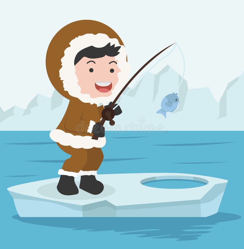 Download Eskimo Fishing Through The Ice Hole Cartoon Vector Stock ...