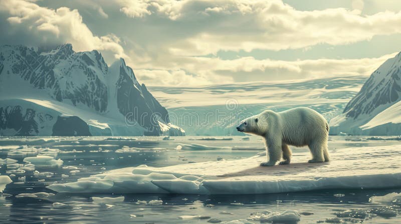 The Arctic landscape through a lifelike image featuring a white bear in isolation against a pristine Arctic background. stock photos