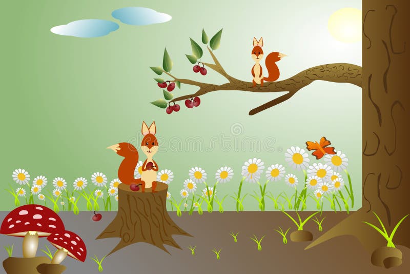 Ardilla en un árbol en el bosque comiendo bayas. ilustración del vector