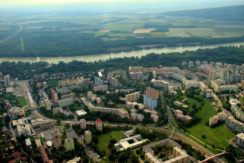 Area of Bratislava in Slovakia seen from a small plane 11.9.2020