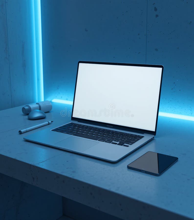 Area di lavoro minimalista con laptop illustrazione di stock