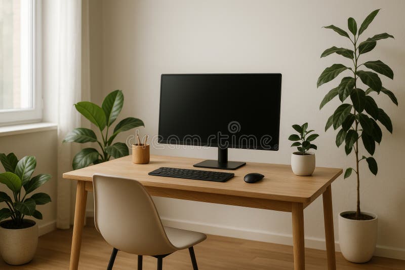 Area di lavoro minimalista con monitor e luce naturale royalty illustrazione gratis