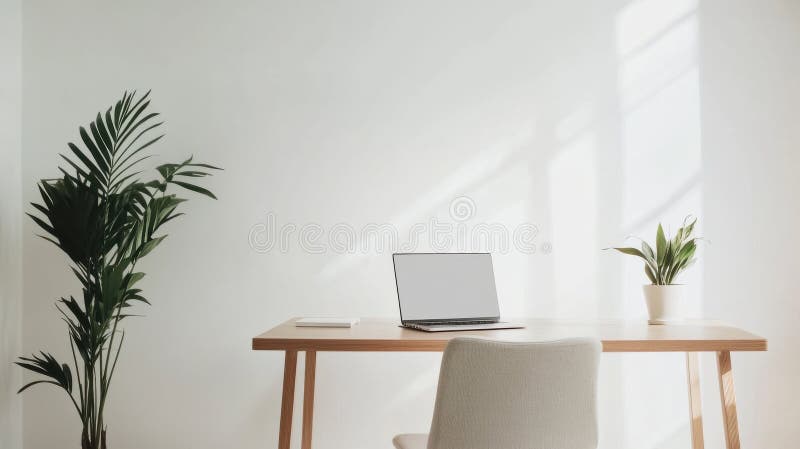 Area di lavoro minimalista con pannelli in legno e piante verdi illustrazione di stock