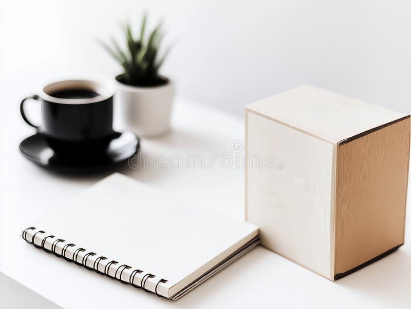 Area di lavoro minimalista con tazza di caffè nero un blocco a spirale un cubo di legno e una piccola pianta in vaso illustrazione di stock