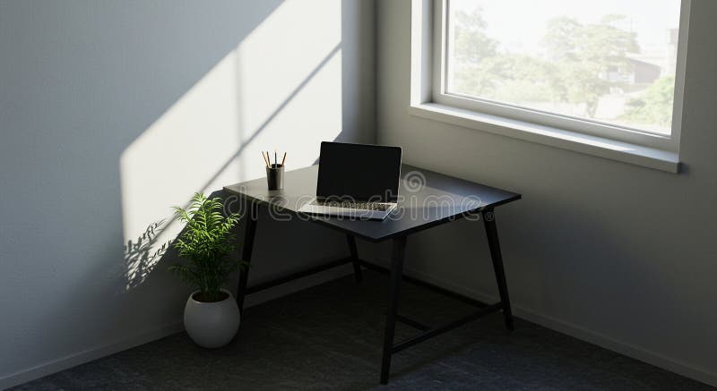 Area di lavoro minimalista con un'elegante scrivania nera posizionata in un angolo sotto illustrazione vettoriale