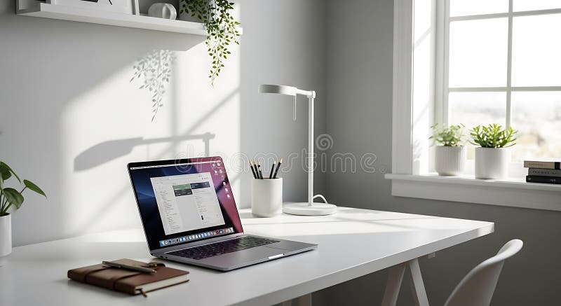 Area di lavoro minimalista con un notebook elegante su una scrivania bianca circondata da un royalty illustrazione gratis
