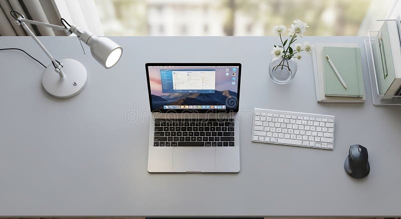 Area di lavoro minimalista con un portatile aperto con design elegante che visualizza un royalty illustrazione gratis
