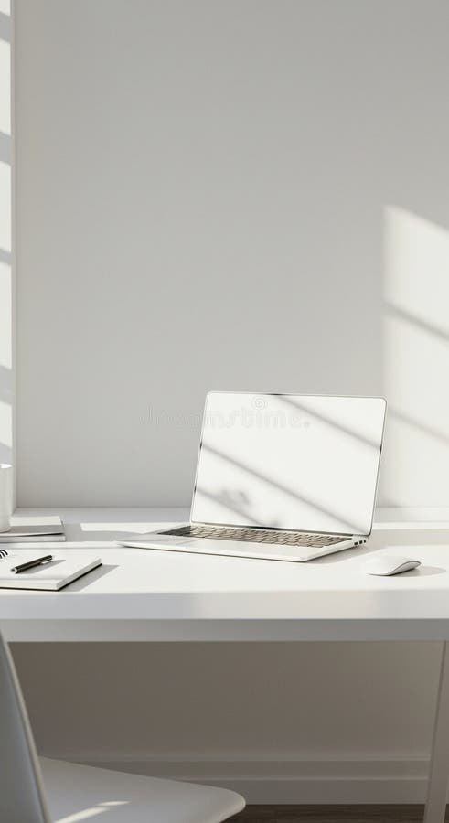 Area di lavoro minimalista con un portatile bianco su un'elegante scrivania bianca. La luce solare crea illustrazione di stock