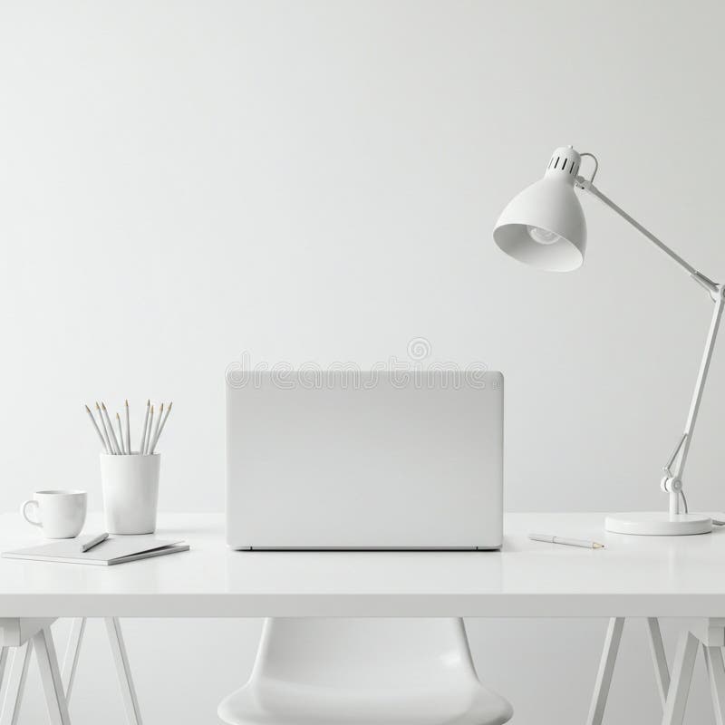 Area di lavoro minimalista con un portatile chiuso su una scrivania bianca. A sinistra un bianco illustrazione vettoriale