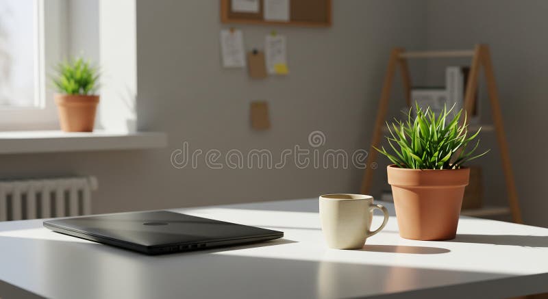 Area di lavoro minimalista con un portatile chiuso, una tazza di beige e una pianta in vaso illustrazione di stock