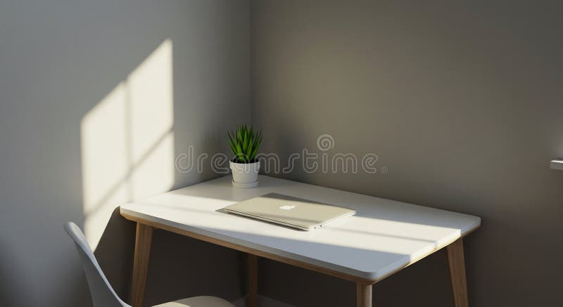 Area di lavoro minimalista con una scrivania bianca con gambe di legno in un angolo. Un clo royalty illustrazione gratis