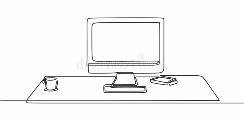 Area di lavoro minimalista linea continua. Configurazione computer desktop Office Business Vector Art royalty illustrazione gratis