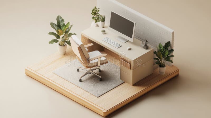 Area di lavoro minimalista moderna con piante e configurazione computer illustrazione vettoriale