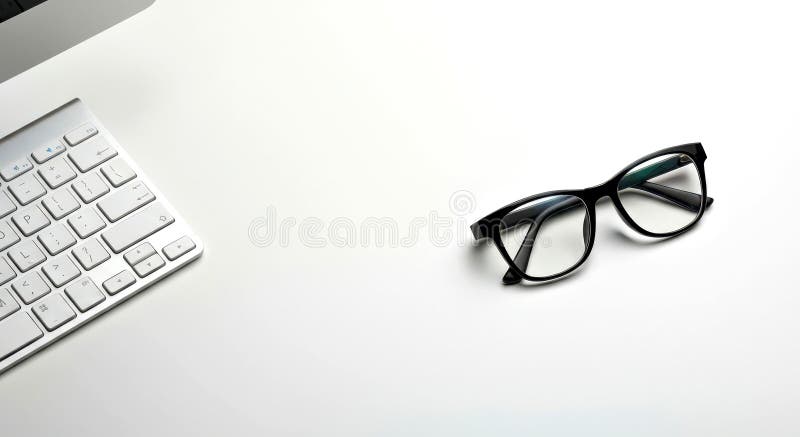 Area di lavoro minimistica : Occhiali neri e tastiera su White Desk illustrazione di stock