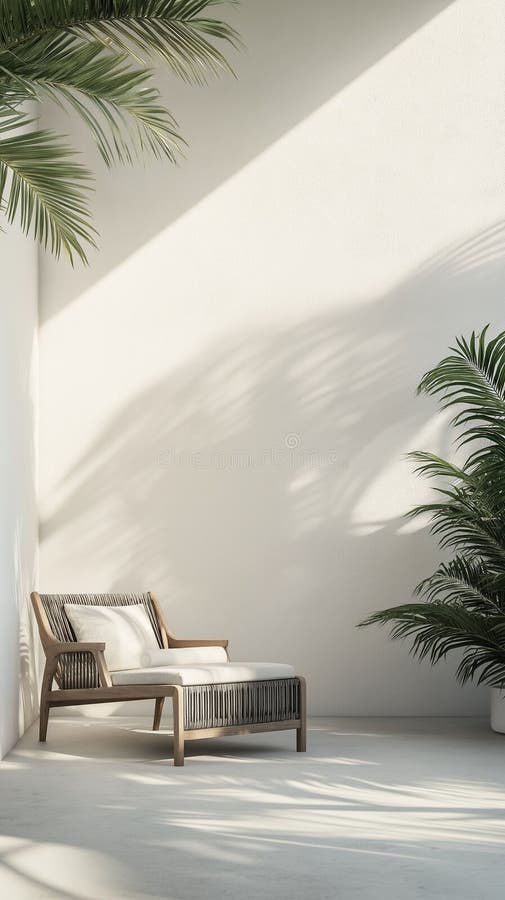 Area minimalista esterna generata con sedia di legno e piante tropicali illustrazione di stock