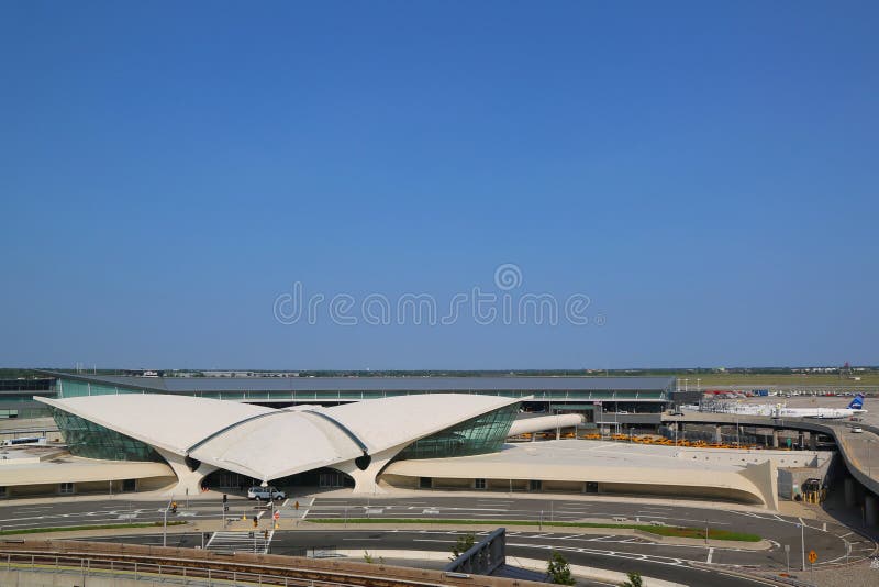 Areal widok TWA lota centrum 5 przy John F Kennedy lotniskiem międzynarodowym historyczny JetBlue Terminal i