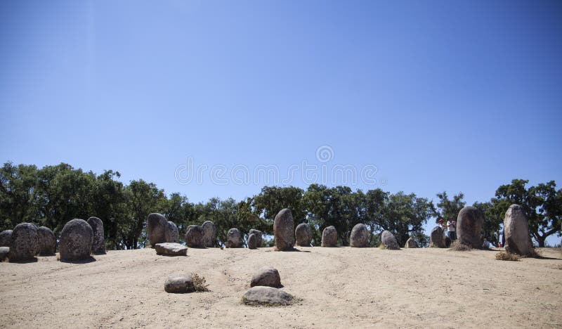 Inside almendres cromlech stone circle. The areas of Extremadura Spain and Alentejo Portugal bring together a huge amount of megalithic archaeological sites stock photos Inside almendres cromlech stone circle. The areas of Extremadura Spain and Alentejo Portugal bring together a huge amount of megalithic archaeological sites stock photos
