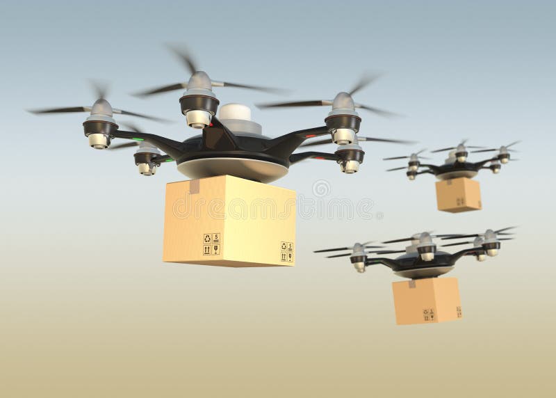 Air drones carrying cardboard boxes in sunset sky. Fast delivery concept. Air drones carrying cardboard boxes in sunset sky. Fast delivery concept.