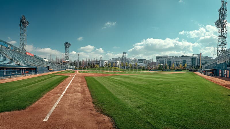 Stade de baseball vide au printemps sous un ciel bleu clair avec de l'herbe verte fraîche illustration stock