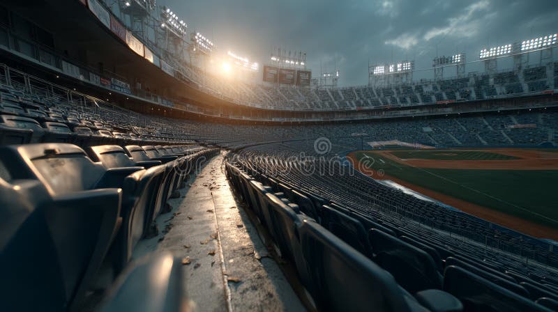 Stade de baseball vide au lever du soleil printanier avec éclairage dramatique et ciel nuageux illustration libre de droits