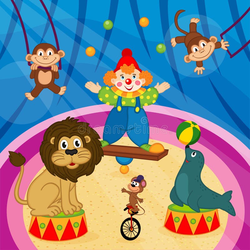 Arena en circo con los animales y el payaso ilustración del vector Arena en circo con los animales y el payaso ilustración del vector