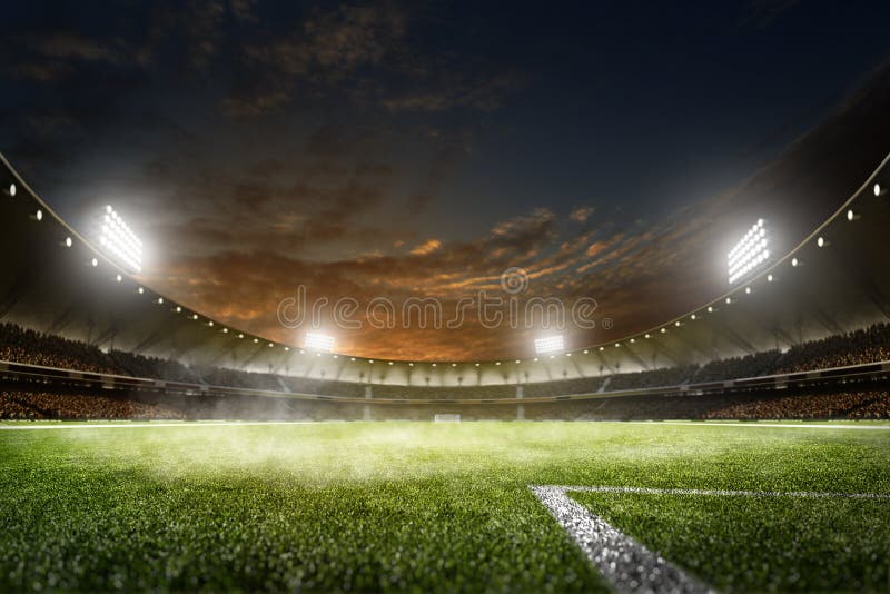 Arena magnífica del fútbol de la noche vacía en luces foto de archivo Arena magnífica del fútbol de la noche vacía en luces foto de archivo