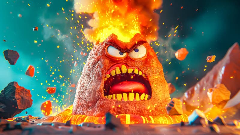 Arg vulkan som bryter ut i spjutlava med smälta stenar som exploderar stock illustrationer