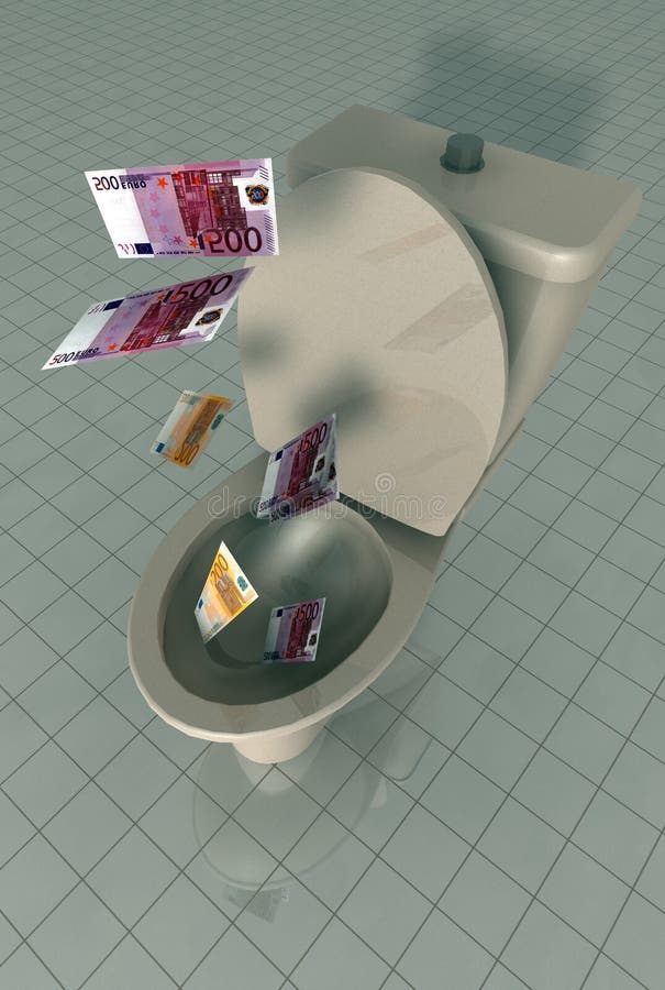 A view of money falling into a toilet. Theme: monetary crisis, financial squandering, wasted wealth. A view of money falling into a toilet. Theme: monetary crisis, financial squandering, wasted wealth