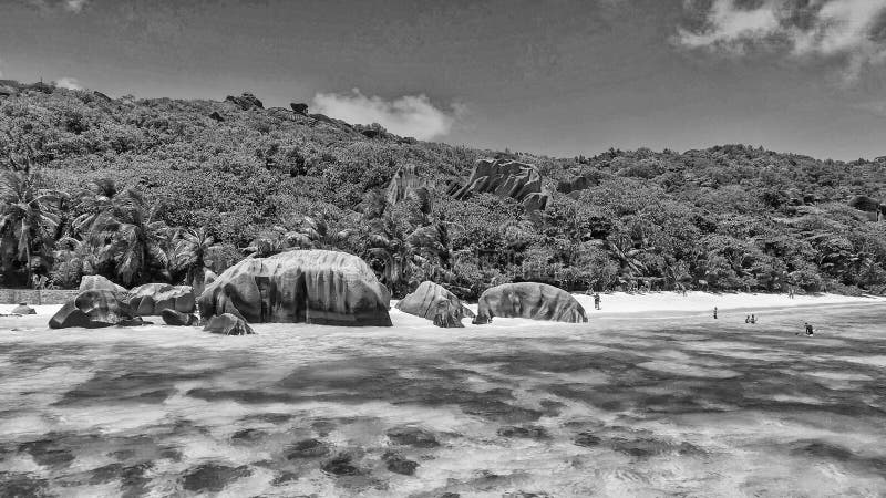 Anse Source Argent, La Digue. Amazing aerial view from drone on a beautiful sunny day - Seychelles Islands. Anse Source Argent, La Digue. Amazing aerial view from drone on a beautiful sunny day - Seychelles Islands