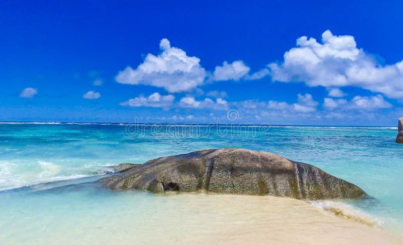 Anse Source Argent, La Digue. Amazing aerial view from drone on a beautiful sunny day - Seychelles Islands. Anse Source Argent, La Digue. Amazing aerial view from drone on a beautiful sunny day - Seychelles Islands