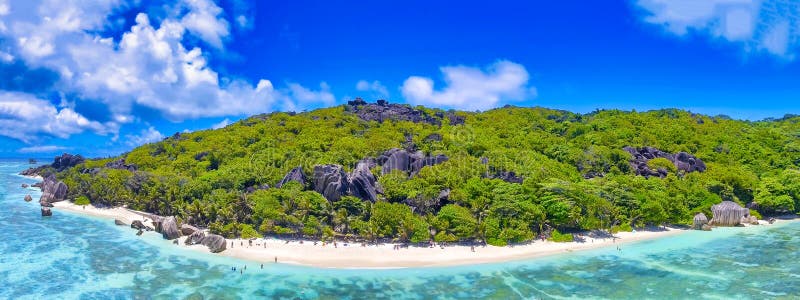 Anse Source Argent, La Digue. Amazing aerial view from drone on a beautiful sunny day - Seychelles Islands. Anse Source Argent, La Digue. Amazing aerial view from drone on a beautiful sunny day - Seychelles Islands