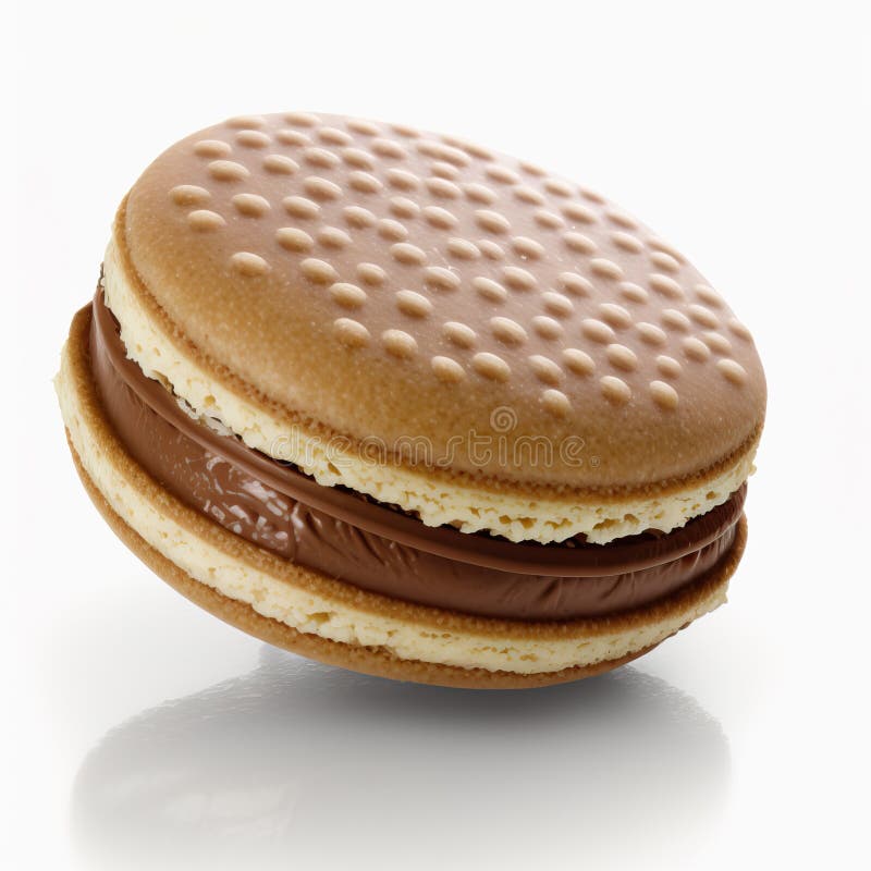 Argentine alfajor stuffed with dulce de leche and covered with chocolate, 3D realistic organic illustration, on white background. Generative AI Technology