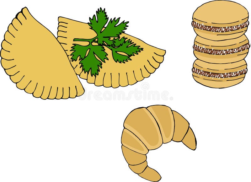 Argentine national cuisine such as empanadas, alfajor cookies and medialuna. Vector illustration on white background