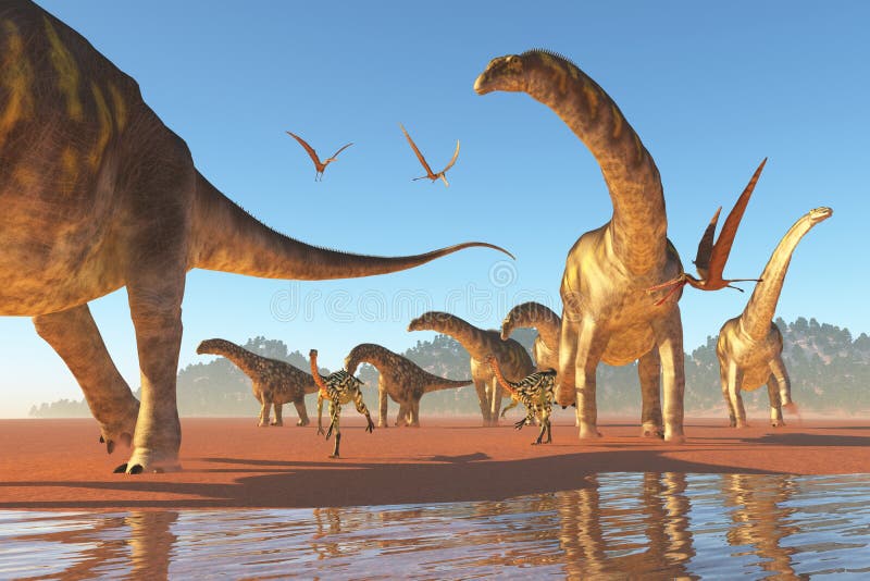 Two Deinocherius move along with a herd of Agentinosaurus dinosaurs eating any insects and small animals that are stirred up. Two Deinocherius move along with a herd of Agentinosaurus dinosaurs eating any insects and small animals that are stirred up.