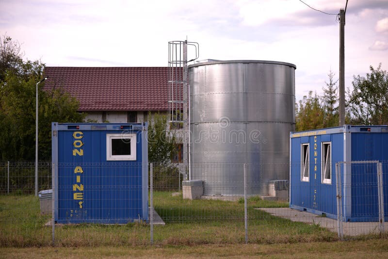 Arges Romania - 09 26 2020: drinking water tank to supply houses financed from European funds. barometric pressure watch