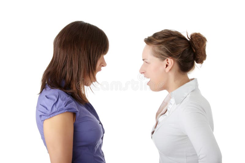 Two young womans arguing, isolated on white background. Two young womans arguing, isolated on white background