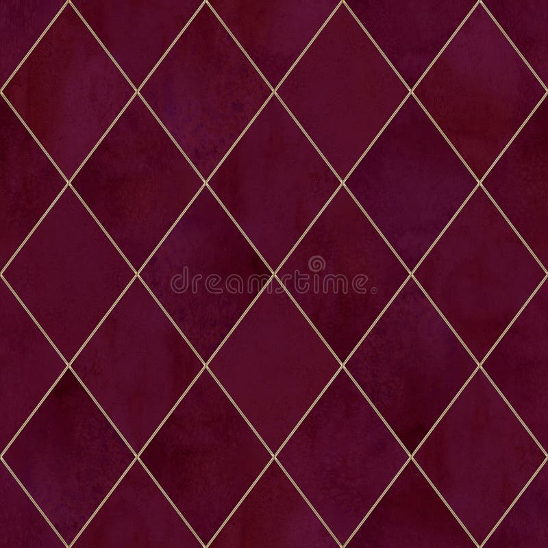 Watercolor argyle abstract geometric plaid seamless pattern with gold glitter line contour. Watercolour hand drawn burgundy red background. Luxury texture. Print for textile, wallpaper, wrapping. Watercolor argyle abstract geometric plaid seamless pattern with gold glitter line contour. Watercolour hand drawn burgundy red background. Luxury texture. Print for textile, wallpaper, wrapping