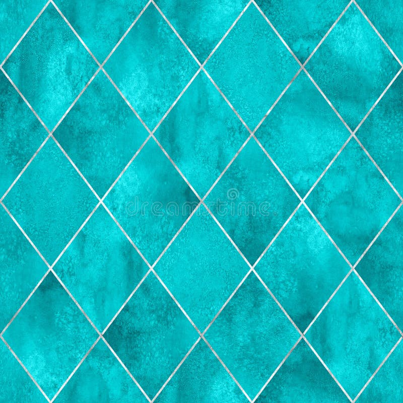 Watercolor argyle abstract geometric plaid seamless pattern with silver glitter line contour. Watercolour hand drawn light teal turquoise texture background. Stained glass window. Watercolor argyle abstract geometric plaid seamless pattern with silver glitter line contour. Watercolour hand drawn light teal turquoise texture background. Stained glass window