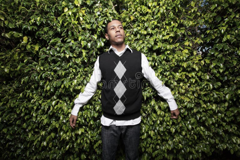 Handsome African American male posing on a green bush background. Handsome African American male posing on a green bush background