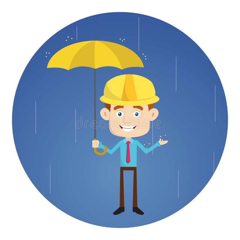 Arhitect constructor mecanic care stă în ploaie cu umbrelă stock illustration