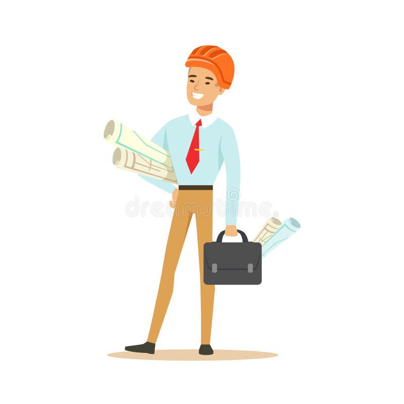 Arhitectură zâmbitoare în picioare și care deține planuri de proiect și ilustrare scurtă a vectorului personajelor colorate stock illustration