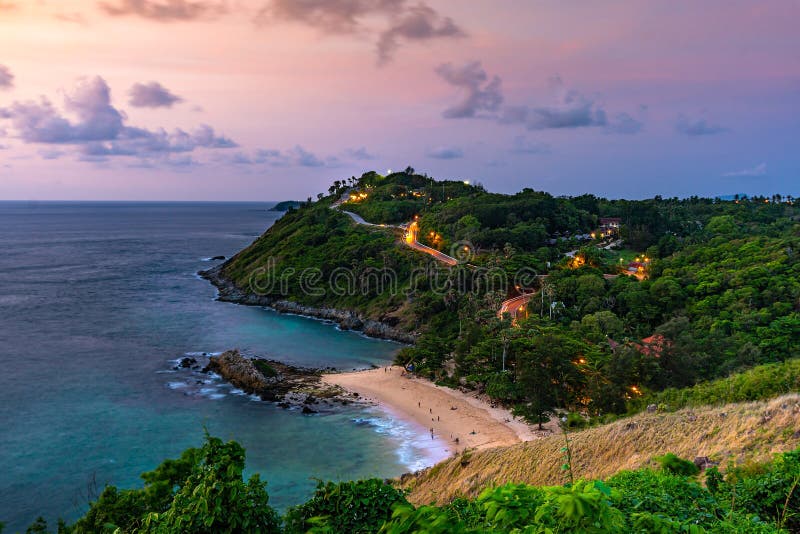 Arial view seascape and island with sky in twilight, Lamphomthep, Phuket Thailand