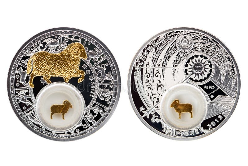 Aries 2013 de la astrología de la moneda de plata de Bielorrusia foto de archivo Aries 2013 de la astrología de la moneda de plata de Bielorrusia foto de archivo
